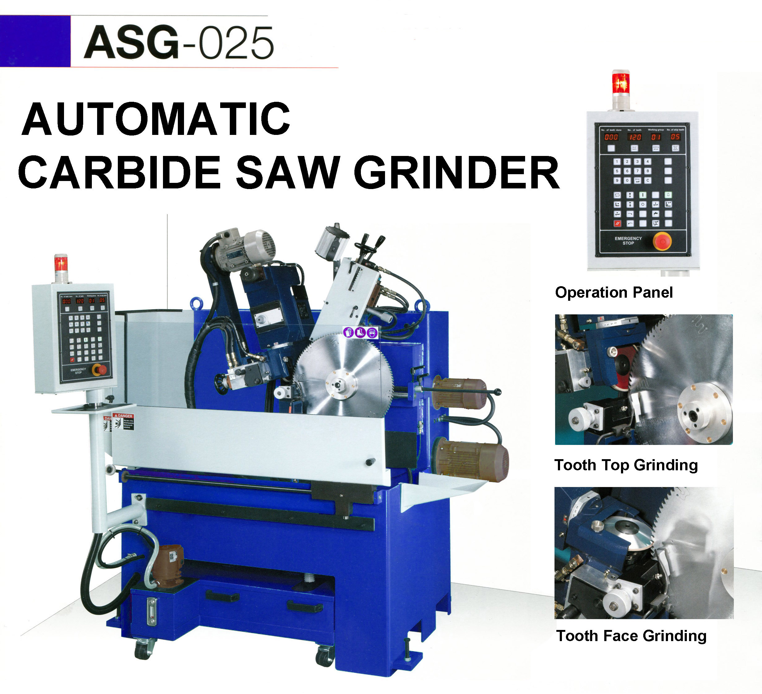Automatic saw blade grinder (carbide saw sharpener). Plc controlled. This grinder also accepts trapezium shaped tooth blade.